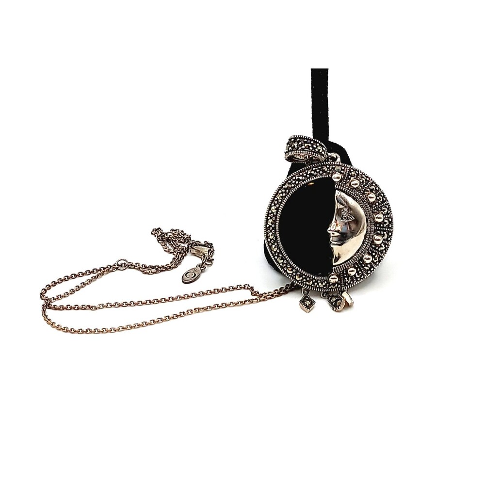 Celestial Sterling Pendant Necklace Earrings  Black Onyx Marcasite Man-in-Moon - Picture 6 of 12